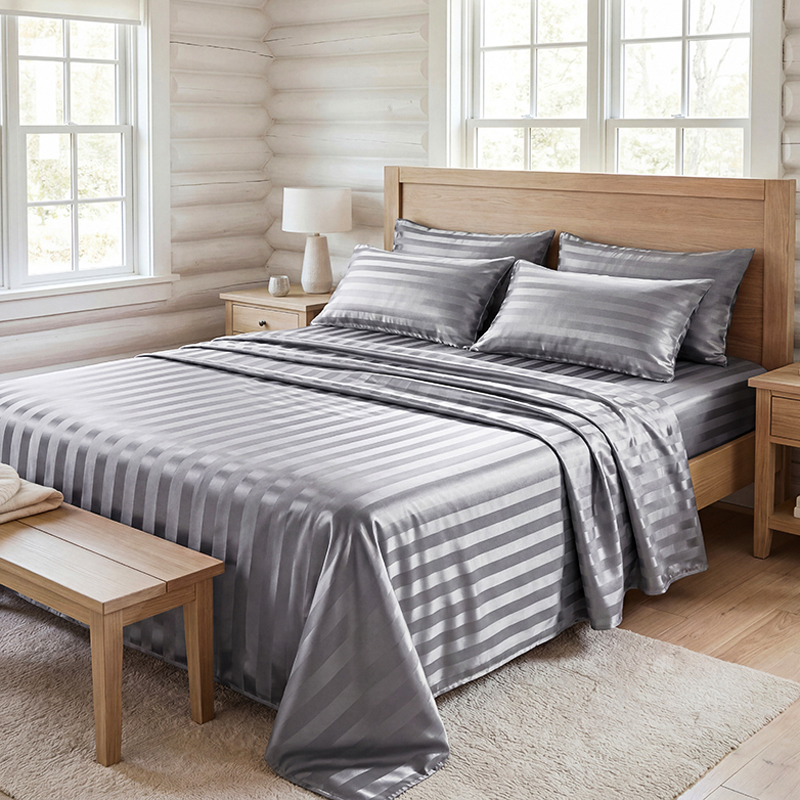 Silk Pillowcase Set - Kırışmaz Çizgili Saten Çarşaf Seti, Serinletici